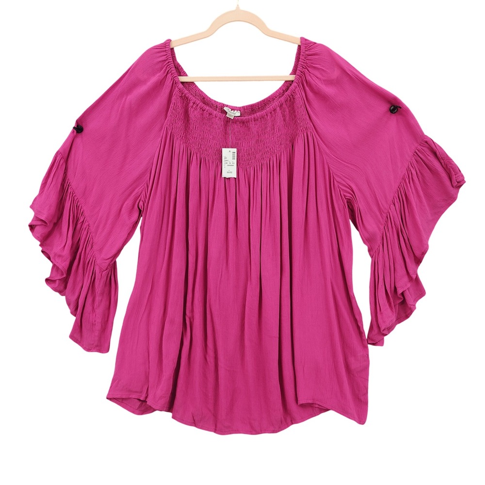 Avenue Womens Pink Smocked Square Neck Bell Sleeve Top Fairy Womens 30/32 NEW